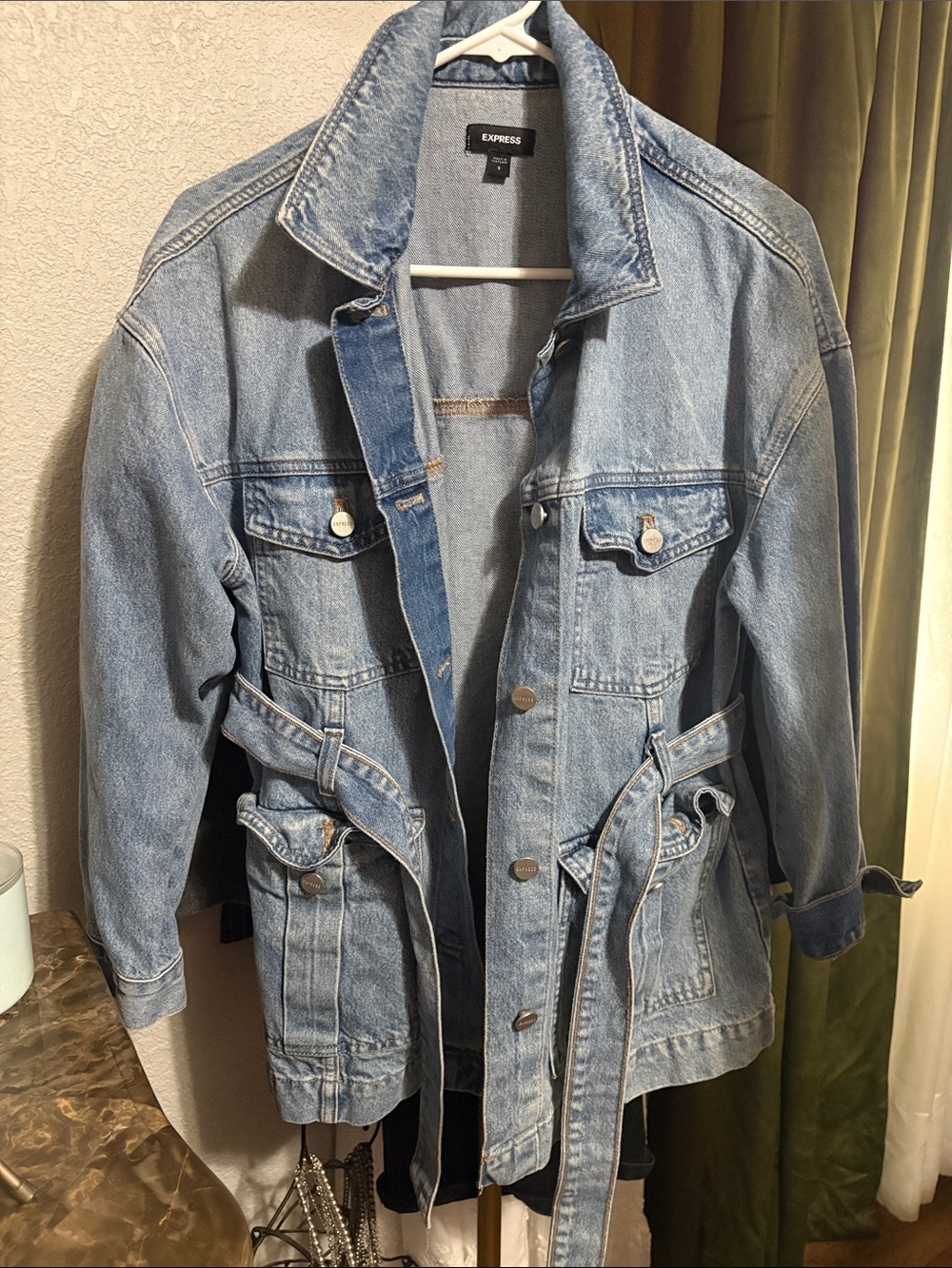 Express Light Wash Denim Trucker Jacket with Self-Tie Belt